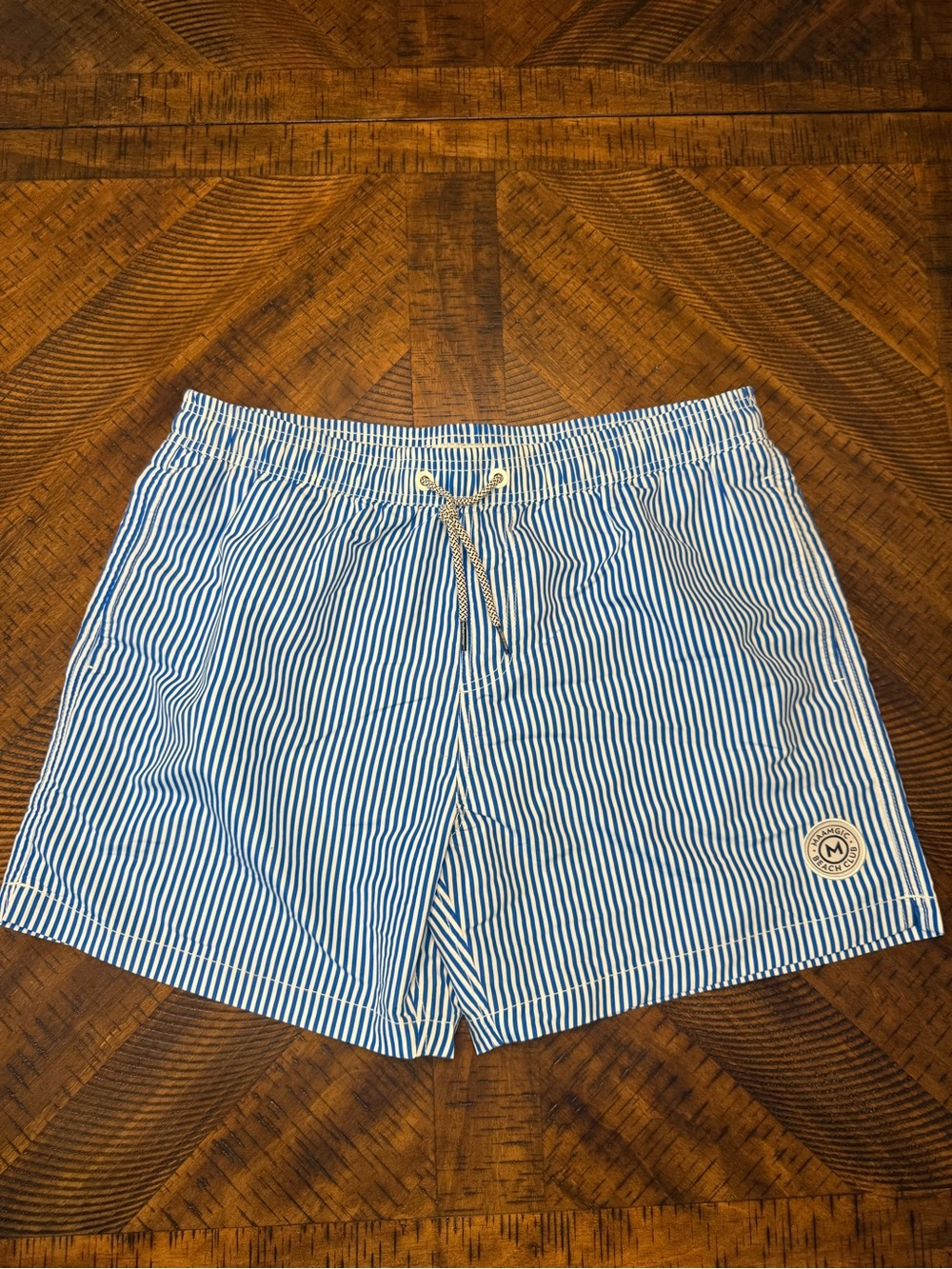 Men's Navy & White Pinstripe Swim Trunks with Drawstring Waist